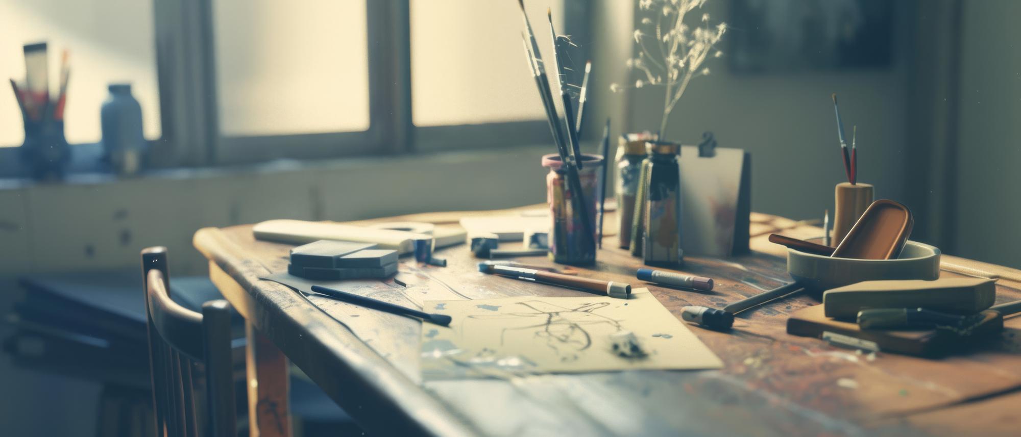 Workshop table with threads and sketches