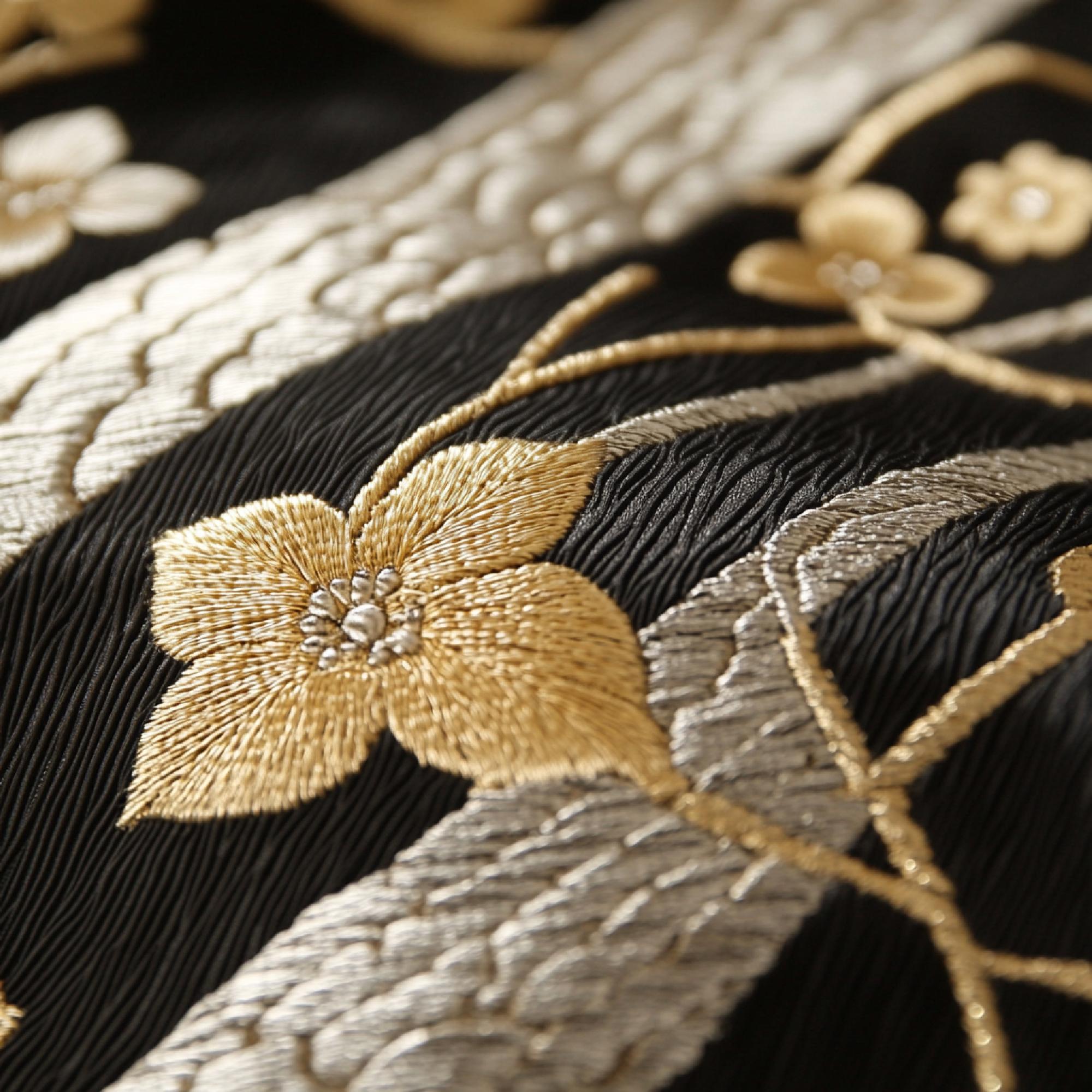 Close-up luxurious embroidered fabric with gold thread